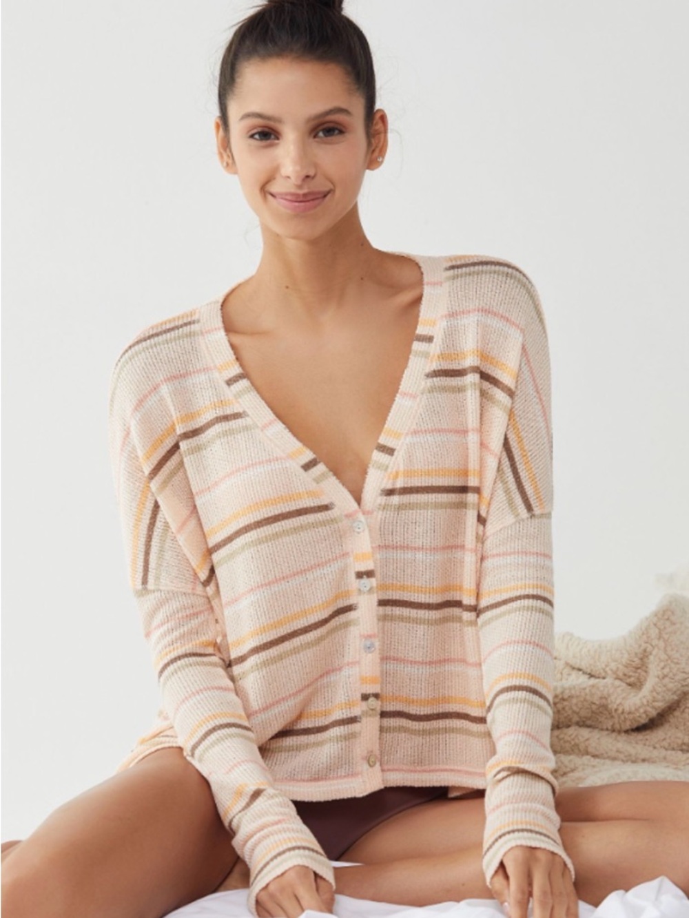 Striped V-Neck Button-Up Cardigan in Soft Pastel Stripe
